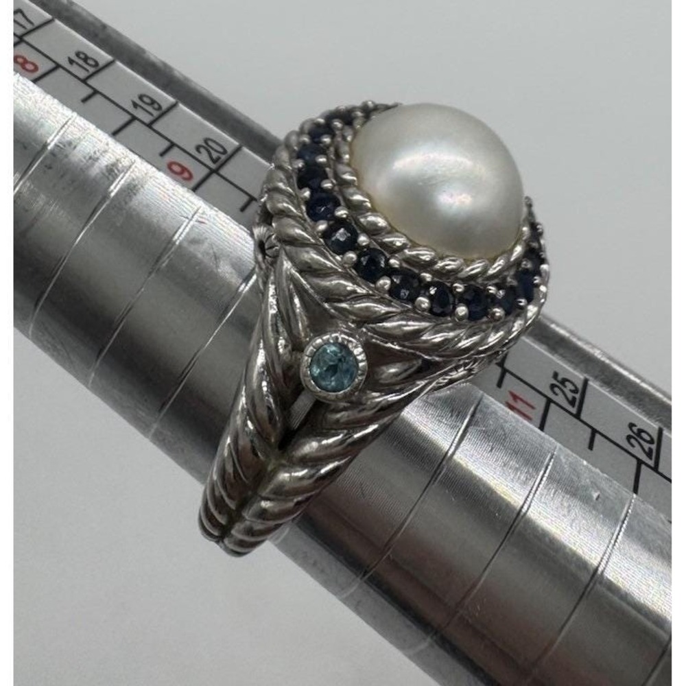 Judith Ripka Vintage Pearl Blue Topaz Sapphire 925 Sterling Silver Ring Size 10
